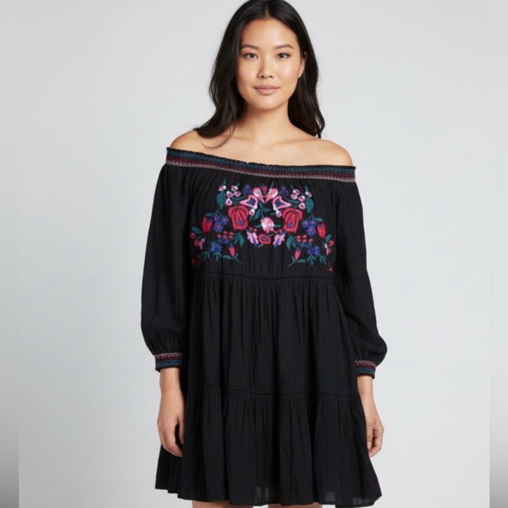 Free People Dress Womens Size L‎ Black Embroidered Sunbeams Boho Festival Mini